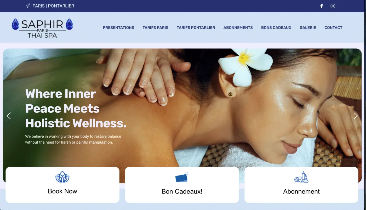 Saphir Thai Spa website after redesign